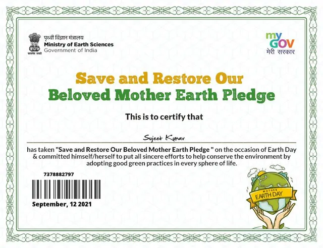 Save and Restore Mother Earth Pledge certificate