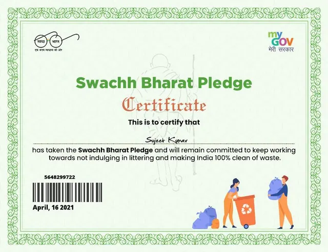 Swachh Bharat Pledge certificate